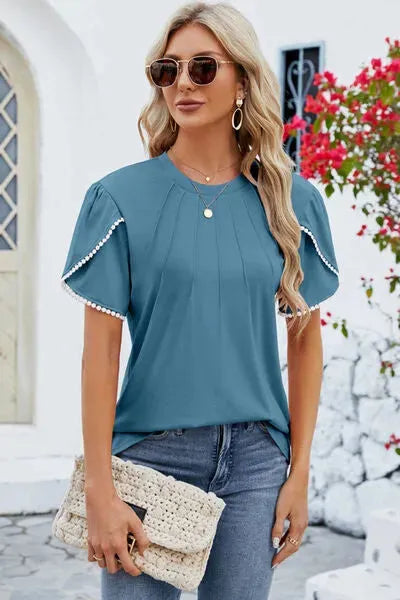 Round Neck Petal Sleeve T-Shirt Sky Blue Women's T-Shirts - Tophatter Daily Deals